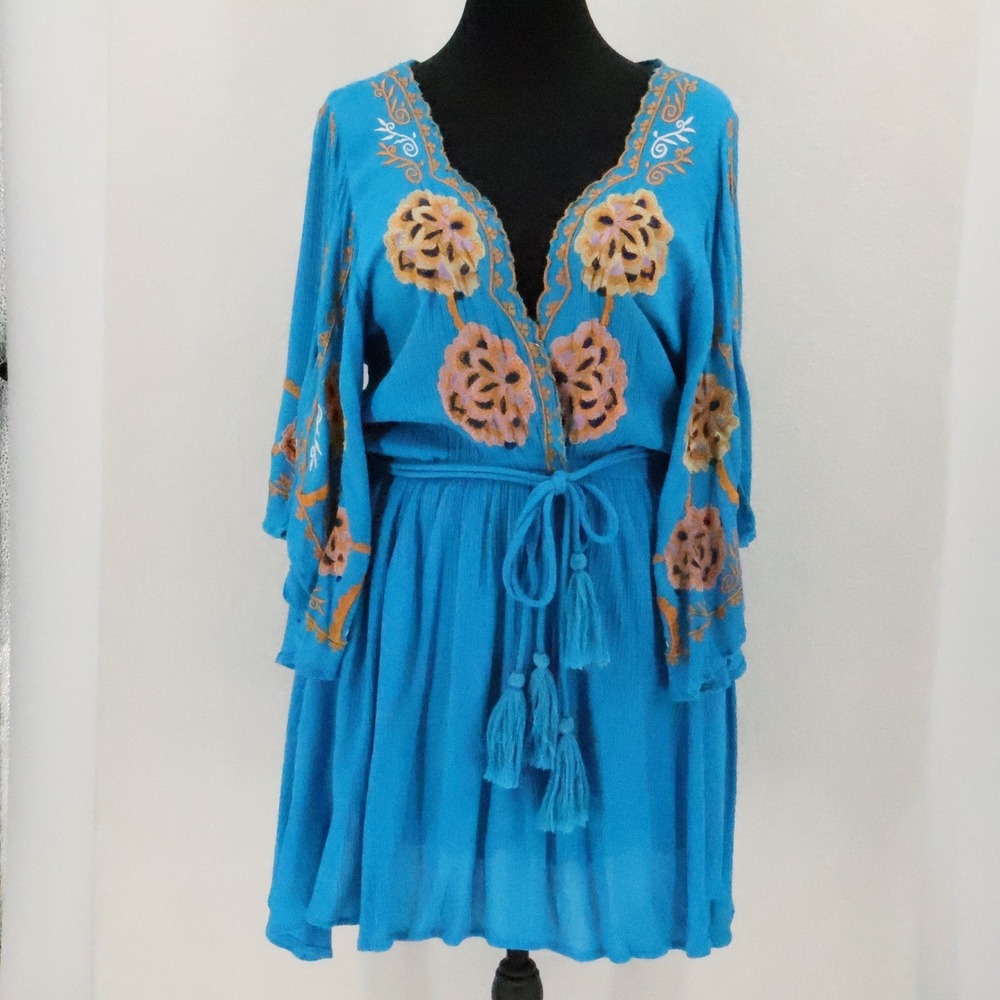 Free People Cora Embroidered Mini Dress Womens Size S Blue Boho Tassel Beachy